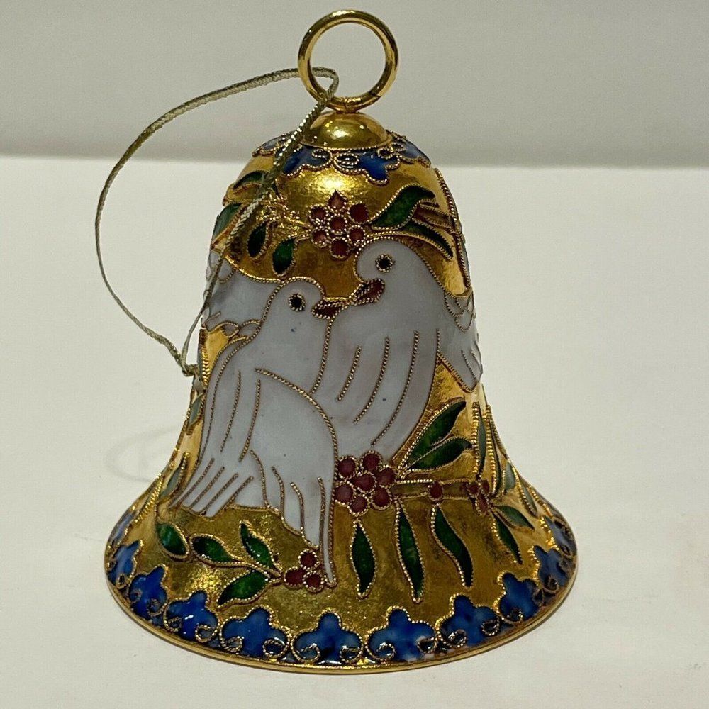 Cloisonné Doves Bell Christmas Ornament Enamel Love Birds Holly